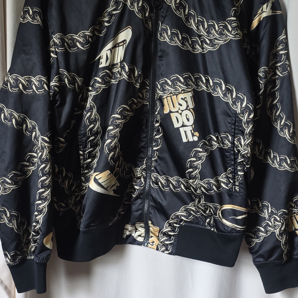 Vintage Y2K Nike Satin Bomber Chain Print 'Just Do It' Black Gold Size S